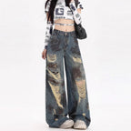 Womens American-style Distressed Wide-leg Jeans