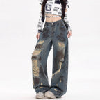 Womens American-style Distressed Wide-leg Jeans
