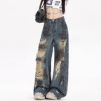 Womens American-style Distressed Wide-leg Jeans